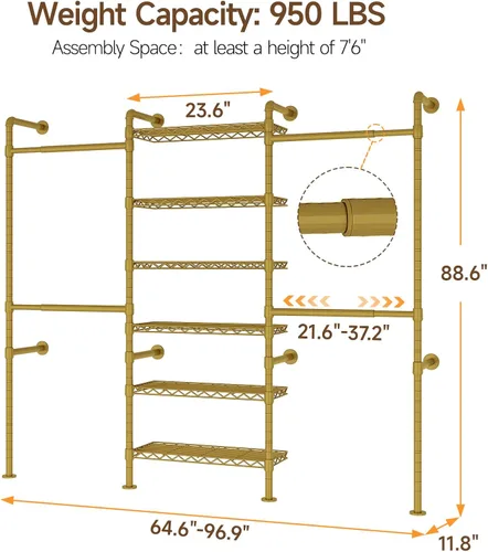 Miniatura 2 de ONBRILL H3 Sistema de Armario Montado en Pared, Perchero de Tubería Industrial Expandible Perchero de Ropa para Colgar Ropa, Organizadores de Dorado