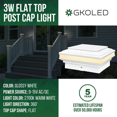 Miniatura 2 de GKOLED Luz de poste de tapa plana, 9-15V AC/DC 3W IP65 impermeable para exteriores, iluminación de cubierta LED de 2700K para postes de 3.5x3.5 4x4