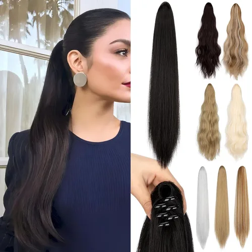 Miniatura 11 de Extensión de cola de caballo de 22 pulgadas y 24 pulgadas de largo, ondulado y lacio, extensiones de cabello sintético de aspecto natural