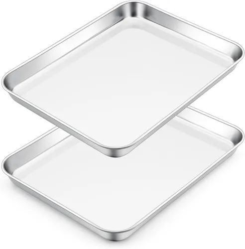 Miniatura 10 de E-far Mini bandeja para horno tostador, bandeja para hornear galletas de acero inoxidable de 9.4 x 7.3 pulgadas, bandeja pequeña de metal no tóxico