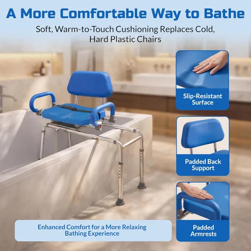 Miniatura 5 de Banco de transferencia deslizable con asiento giratorio. Silla premium para tina y ducha, acolchada con apoyabrazos giratorios Diseño ahorrador