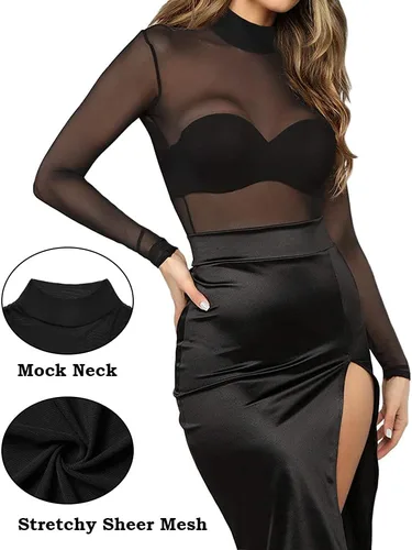 Miniatura 4 de Blusa de manga corta o larga para club, pura malla traslúcida, estilo body