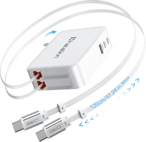 Miniatura 10 de Cargador de 65 W para MacBook Pro, enchufe de cargador de pared retráctil 5 en 1 para iPhone 17, cable USB C PD dual de 3.94 pies y 3 puertos