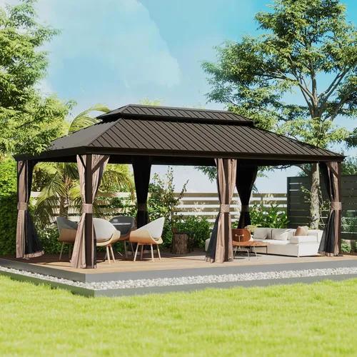 Miniatura 35 de Domi - Cenador permanente de metal con techo rígido de 8 x 8 pies, con doble techo de acero galvanizado, cortinas y malla para fiestas, bodas, Gris
