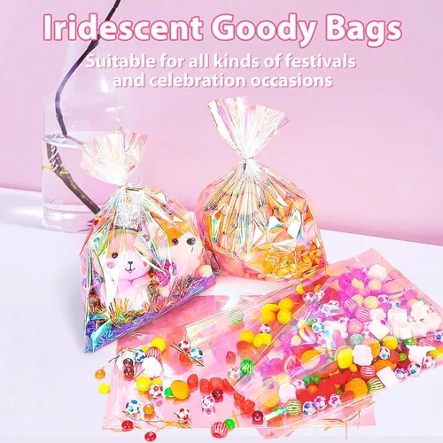 Miniatura 4 de Bolsas de celofán iridiscentes de 5 x 7 pulgadas con lazos giratorios, bolsas de golosinas para galletas, chocolates y palomitas de maíz