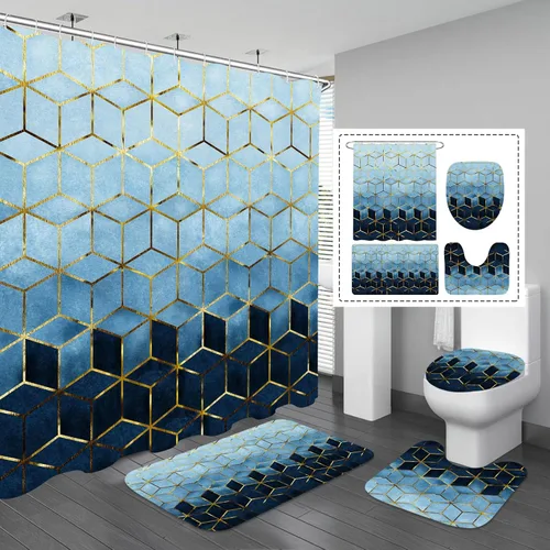 Miniatura 10 de Gibelle Juego de 4 cortinas de ducha de baño con alfombras antideslizantes, cubierta para tapa de inodoro y tapete de baño, líneas cúbicas doradas