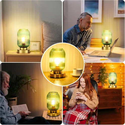 Miniatura 6 de Lámpara de mesa moderna de mediados de siglo, control táctil y regulable de 3 vías, pantalla de vidrio acanalado verde, dorado pequeño, lámpara