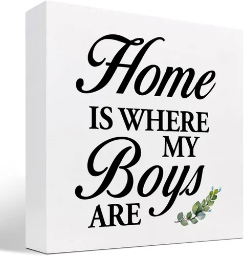 Letrero de madera con texto en inglés «Home is Where My Boys Are », regalos para la nueva mamá, ideas divertidas para el día de la madre, con cita