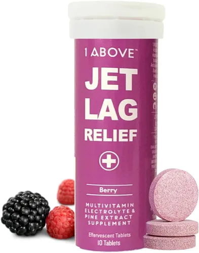 1Above Jet Lag Relief Tablets - Multivitamínico efervescente con sabor a bayas con Pycnogenol Suplemento de viaje para hidratación, energía, apoyo