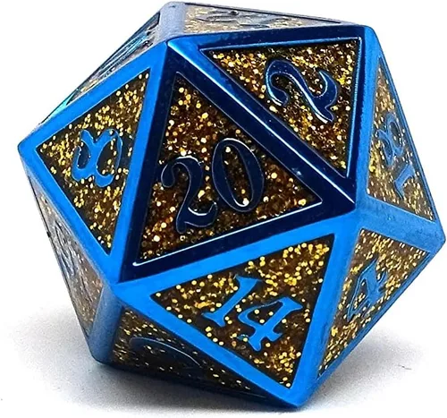 Miniatura 5 de Heroic Dice of Metallic Luster - Colección de 7 piezas de dados poliédricos de metal (dorado con fuente azul)