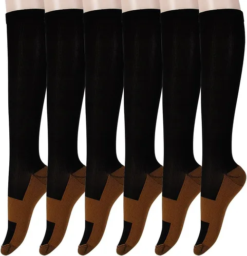 Calcetines de compresión graduados de cobre, 6 pares de calcetines de compresión antifatiga hasta la rodilla para hombres y mujeres, medias de Negro