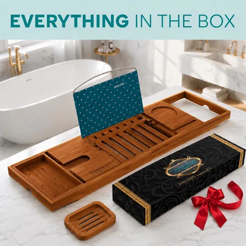 Miniatura 2 de SereneLife Bandeja de bañera premium con caja de regalo y juego de lazo, bandeja de baño expandible, regalos únicos de inauguración de la casa