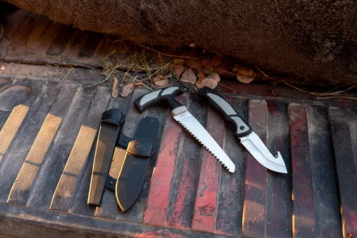 Miniatura 9 de Old Timer Kit Hunter con cuchillo de gancho intestinal y sierra de hueso, agarre cómodo de TPE, acero inoxidable de alto carbono, cuchillas