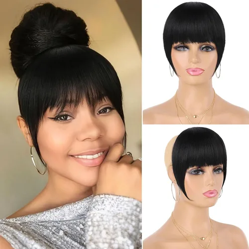 Miniatura 13 de Peluca rizada con flequillo corto afro para mujeres negras, G&T Wig, rizos esponjosos, flequillo clip-in (1B, flequillo simple)