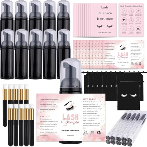 Juego de 60 botellas y cepillos de champú para pestañas, 10 dispensadores de bomba de espuma, cepillo de limpieza de pestañas, cepillo de tubo de