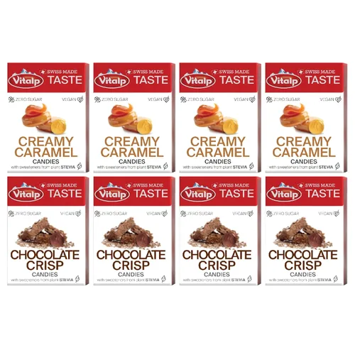 Miniatura 24 de Vitalp Taste, hecho en Suiza, caramelo duro sin azúcar con Stevia, vegano, sabor a caramelo cremoso, paquetes de 25g/0.88 onzas, 16 cajas