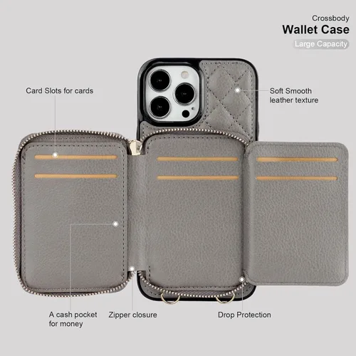 Miniatura 7 de Bocasal Funda tipo cartera con bandolera para iPhone 13 Pro Max, cartera de cuero PU con cierre de cremallera y bloqueo RFID, funda tipo folio