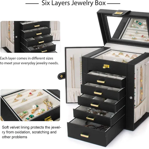 Miniatura 5 de AKOZLIN Joyero organizador funcional con cerradura, estuche de almacenamiento de joyería de cuero para mujeres y niñas, anillo collar, aretes