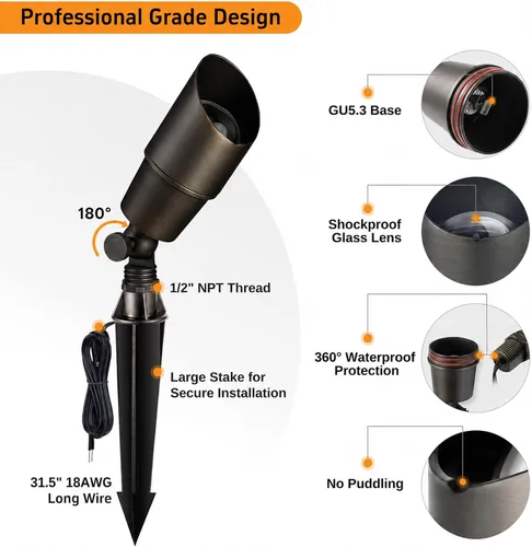Miniatura 9 de Gardenreet Focos de Paisaje de Bajo Voltaje - Luz Ascendente LED de Latón para Exteriores 12V, Focos con Cable IP65 Impermeables, Bronce Antiguo