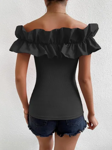Miniatura 2 de OYOANGLE Blusa de manga corta con volantes y hombros descubiertos para mujer