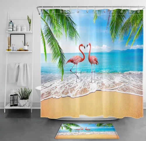 Miniatura 46 de LB Juego de cortinas de ducha de mariposa y flores con alfombras, margaritas y morado lavanda, hojas de eucalipto, cortina de ducha verde