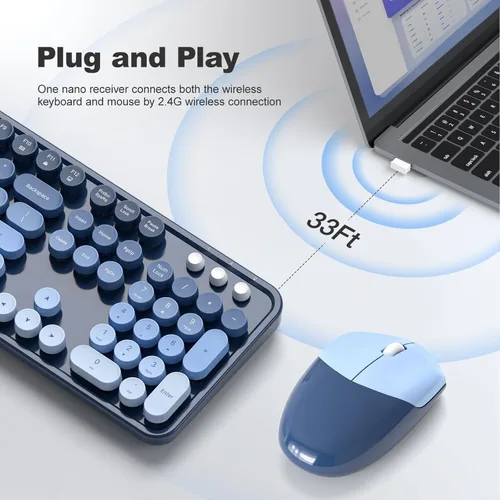 Miniatura 17 de KNOWSQT Combo de teclado y ratón inalámbrico, teclados lindos de tamaño completo estilo máquina de escribir 2.4G azul colorido - receptor USB Plug