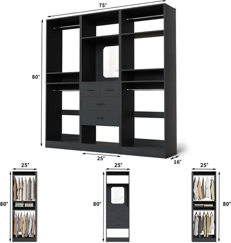 Miniatura 7 de Unikito Sistema de Armario Walk-in de 75 Pulgadas con 4 Cajones, Organizador de Armario de 6.3 Pies con Barras Colgantes y Diseño de Espejo, Armario