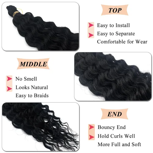 Miniatura 4 de Cabello para trenzar rizado ondulado negro 1B preestirado de onda oceánica profunda de ganchillo bohemio para trenzar de 16 pulgadas, 2 paquetes