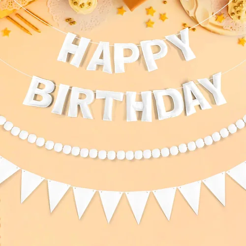 Miniatura 13 de CANREVEL Pancarta de Feliz Cumpleaños 3D Pre-enhebrada, 3 PIEZAS Guirnalda de Fieltro Negro Feliz Cumpleaños, Guirnalda de Pompones, Banderines