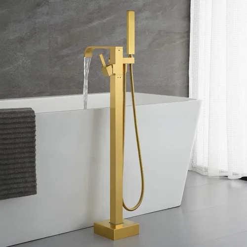 Miniatura 3 de Grifo de bañera independiente Llenador de bañera de oro cepillado Grifos de montaje en piso de latón de una sola manija con ducha de mano 2-Oro
