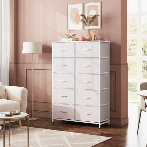 Miniatura 2 de WLIVE Cómoda de Tela para Dormitorio con 10 Cajones, Cómoda Alta con Cajones, Cómodas Blancas Muebles de Dormitorio, Unidad Organizadora de Blanco