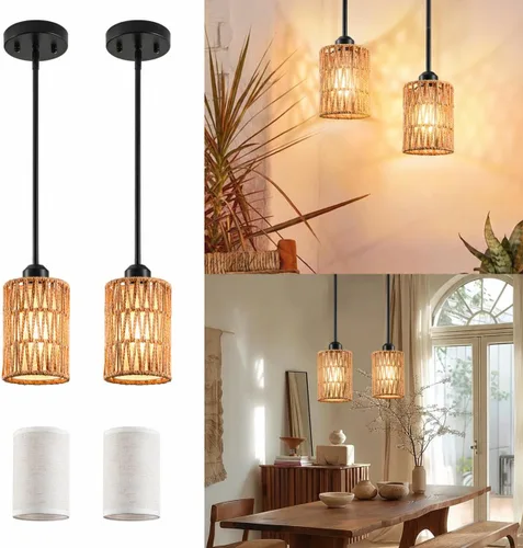 Lámpara Colgante Boho Lámpara Colgante - Pantalla 2 en 1 de Ratán y Lino, Luminaria de Luces Colgantes Ajustables para Isla de Cocina, Comedor, Casa