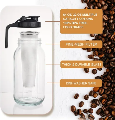 Miniatura 2 de Cafetera de preparación fría, 2 paquetes de jarra de 64 onzas con vidrio Durabel y filtro de malla de acero inoxidable, fosa de vidrio a prueba