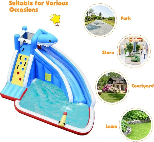 Miniatura 6 de BOUNTECH - Tobogán acuático inflable, parque de toboganes acuáticos con temática de tiburón para niños y adultos, diversión al aire libre