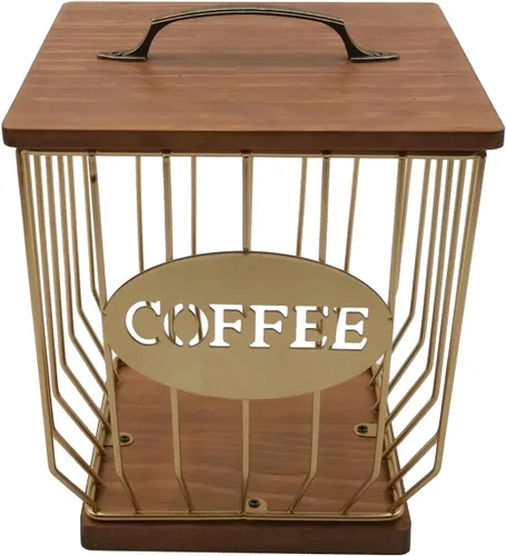 Miniatura 8 de Soporte cuadrado para cápsulas de café con tapa y base de madera, cesta de almacenamiento de cápsulas de café de alambre de gran capacidad