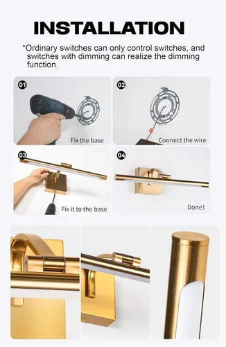 Miniatura 6 de Luz de imagen para pared de 15.7 pulgadas, iluminación artística cableada para pinturas, latón dorado, 2800 K, luz de galería regulable con tubo