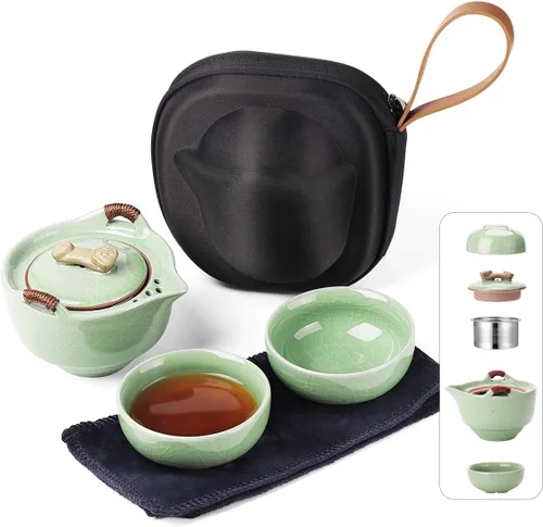 Miniatura 3 de Juego de tetera de cerámica de viaje, tetera china de kung fu, 1 tetera 2 mini tazas de té de porcelana gongfu con infusor, bolsa portátil, todo