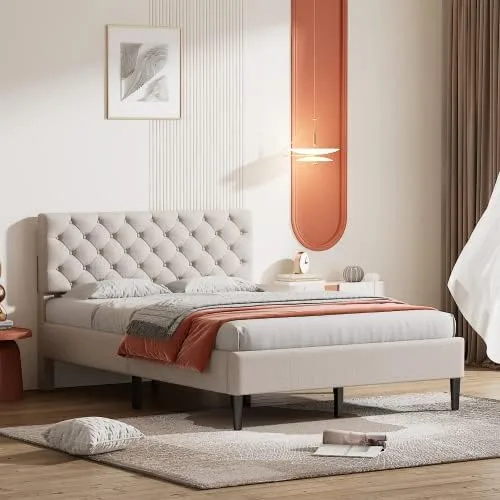 Miniatura 12 de Marco de cama de plataforma de tamaño individual, marco de cama tapizado de lino de diseño moderno con cabecera copetuda, cama de almacenamiento