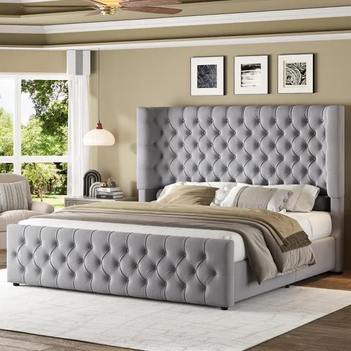 Miniatura 15 de Jocisland Base de cama tapizada tamaño Queen con cabecera curvada de 6.3 pulgadas, estribo copetudo, listones de madera, no necesita somier