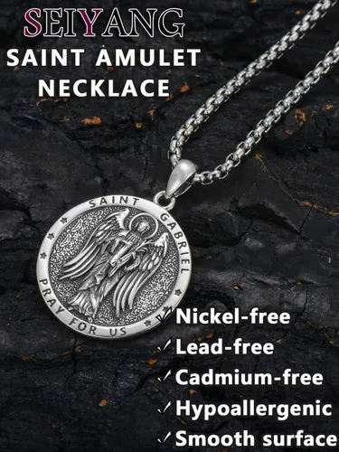 Miniatura 5 de Seiyang Collar de plata de ley 925 con medalla de amuleto para hombres y mujeres con cadena Rolo de 0.098 in, 22 pulgadas + 2 pulgadas