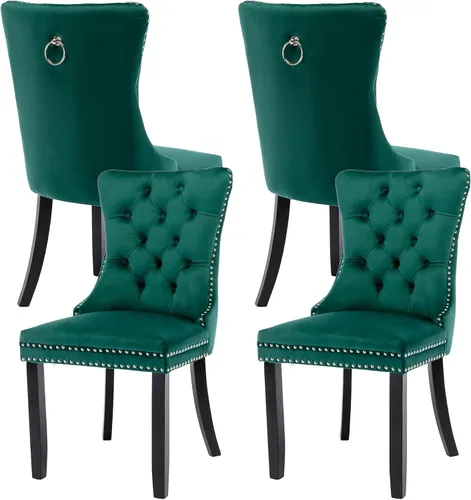 Miniatura 28 de Juego de 4 sillas de comedor de terciopelo, sillas de comedor tapizadas con ribete de cabeza de clavo, patas de madera, anillo de tracción, sillas