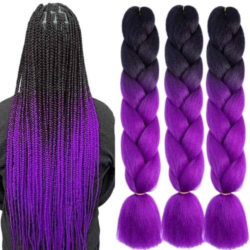 Miniatura 45 de 3 paquetes de extensiones de cabello sintético para trenzar de color negro a azul, tamaño jumbo ombré, de 24 pulgadas o trenzas de ganchillo