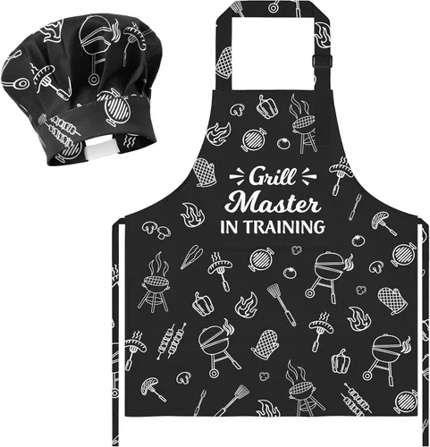 R HORSE Juego de delantal y sombrero de chef para niños, 2 piezas, mini parrilla ajustable, delantal de cocina para niños, juego de rol, juguete de