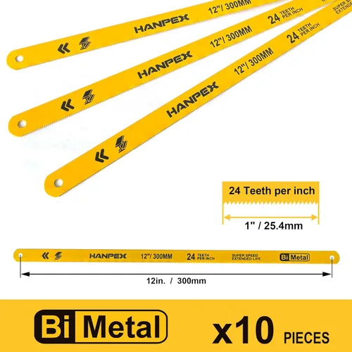 Miniatura 6 de Hanpex Hojas de repuesto para sierra para metales (paquete de 10) de alta velocidad de 24 TPI - Hoja de sierra de 12 pulgadas de longitud, cuchillas