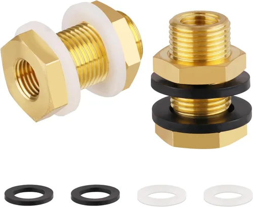 Miniatura 7 de KOOTNAS Paquete de 2 Accesorios de Mamparo de Latón Macizo, 1/2 NPT Cónico Hembra 1" Rosca Macho Recta Conector de Latón con Anillo Ondulado