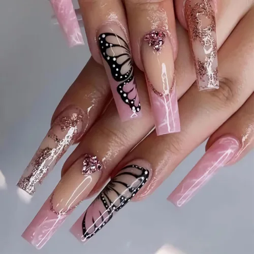 Uñas postizas largas a presión con forma de ataúd, uñas postizas de bailarina, mariposa rosa, diamantes de imitación, uñas acrílicas con purpurina