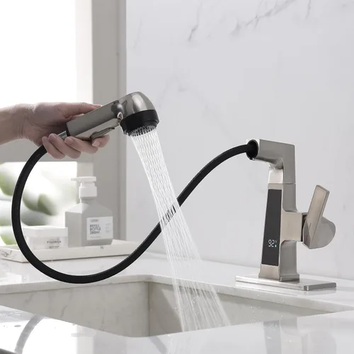 Miniatura 4 de Grifo de Baño LED con Grifo de Salida Extraíble, Grifo de Fregadero de Níquel Cepillado con Pantalla Digital de Temperatura, Grifo de 5 Modos
