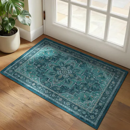 Miniatura 72 de Alfombra de pasillo profundo azul 2x8, alfombra de pasillo lavable antideslizante para entrada interior, alfombra de medallón vintage de 0.27