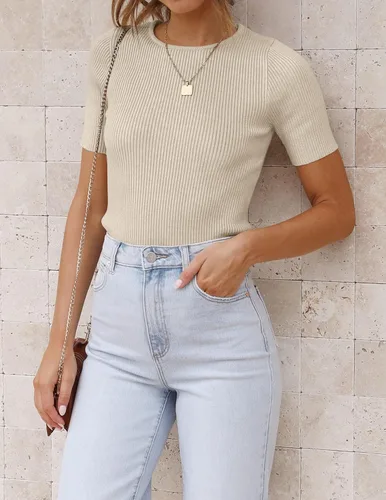 Miniatura 2 de ZESICA Camiseta de manga corta con cuello redondo y punto acanalado para mujer, ajustada, camiseta básica de verano 2023 de color sólido