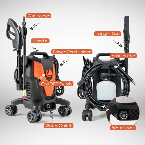 Miniatura 8 de Goplus Lavadora a presión eléctrica, 2400 PSI 1.7 GPM Lavadora de alta presión con 4 boquillas rápidas y ruedas universales, lavadora a presión